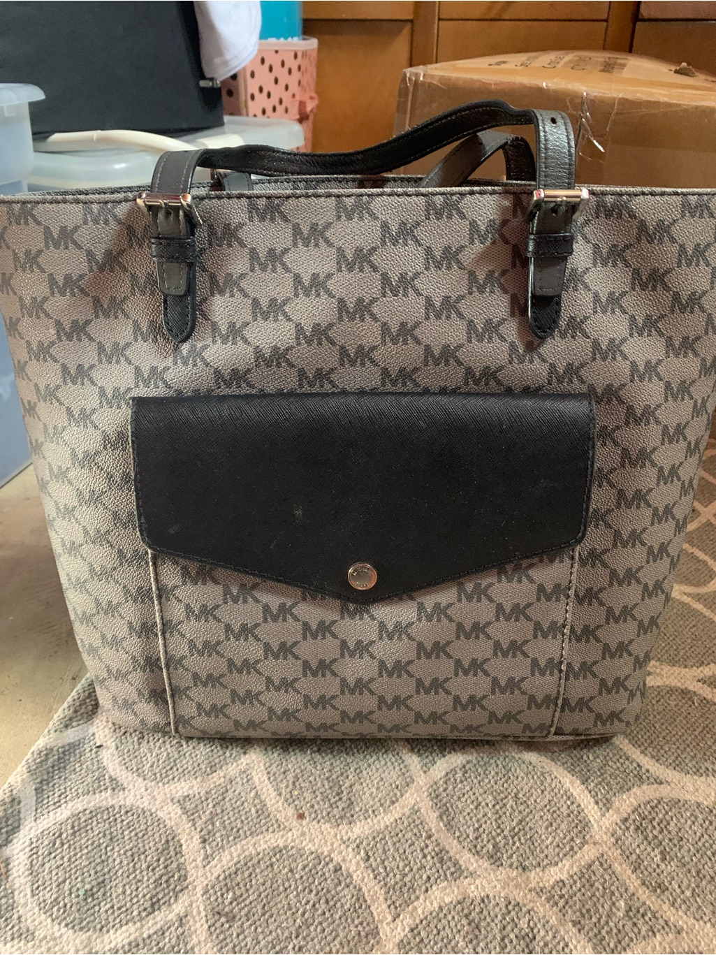 Michael Kors Beige And Black Logo Tote With Front Flap Pocket